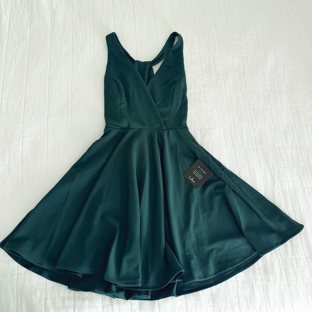Lulus Wonder Whirl Dark Green Twist Back Skater Dress XS NWT‎ $49 MSRP Cocktail - Picture 2 of 11